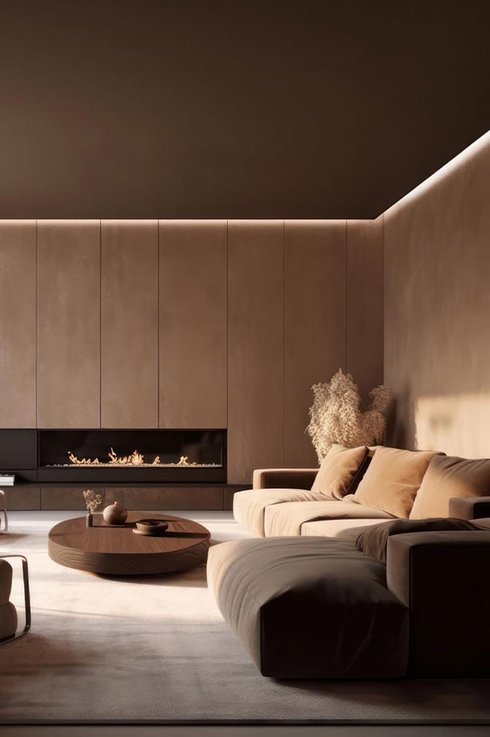 Minimalist living room with recessed linear ceiling lighting and a fireplace
